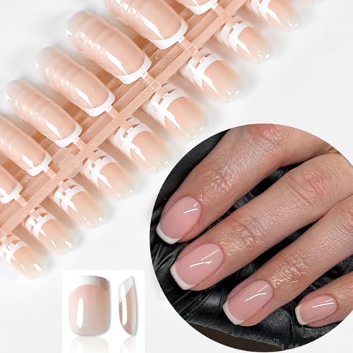 Pink French Press-On Nails Short Square Round False Nails with Adhesive Tabs - Reusable, Glossy Nude