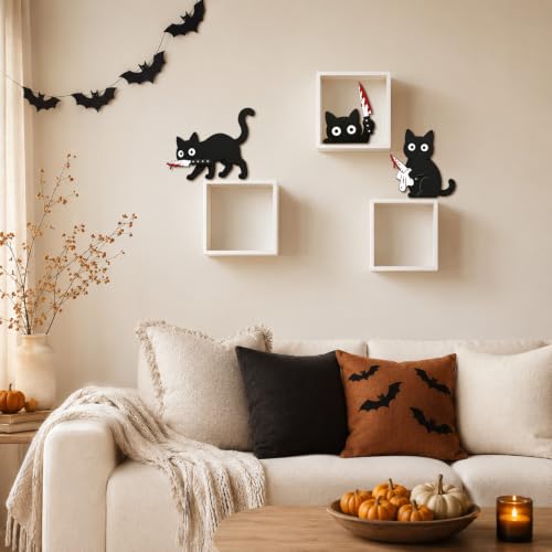 Halloween Wall Decor Set of 3 Black Cats with Knife - Spooky Wooden Party Decorations