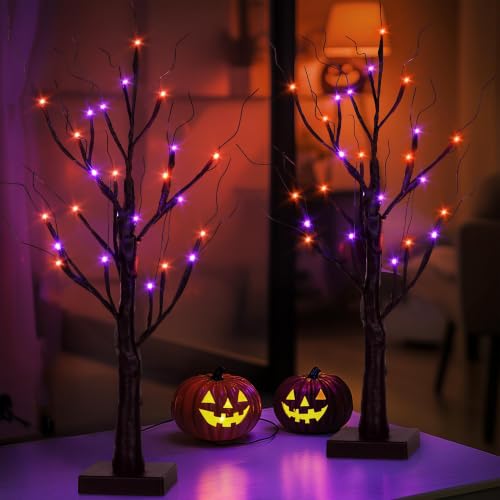 Black Halloween Indoor Decor 2 Pack 2FT Lighted Birch Tree with Orange & Purple Lights