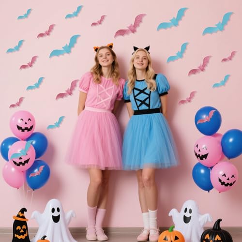 Halloween 3D Glitter Paper Bat Wall Decorations - Pink & Blue, 48 Pcs, 4 Sizes