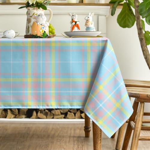 Easter Tablecloth 52 x 70 Inch Rectangular Blue Buffalo Plaid - Durable Polyester
