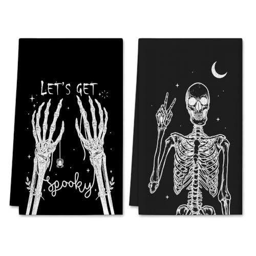 Skeleton Spooky Kitchen Towels Set of 2 Halloween Dish Towels - Black & White
