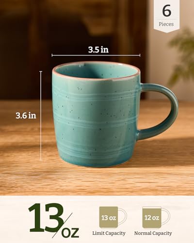 Meteor Green Ceramic Coffee Mug Set of 6 - 13oz, Handcrafted Drinkware with Handle