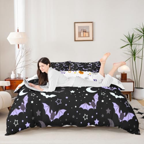 Purple Bat Halloween Duvet Cover Set - Moon Stars Galaxy Bedding, Queen Variation 13