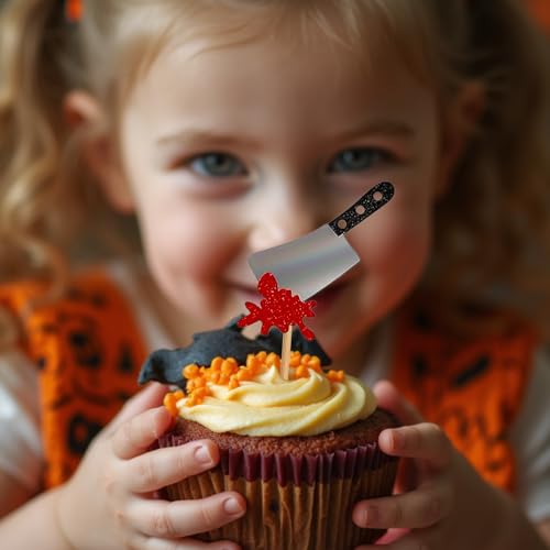 Halloween Cupcake Toppers with Bloodstained Knife Design - 24 Pcs Party Decorations