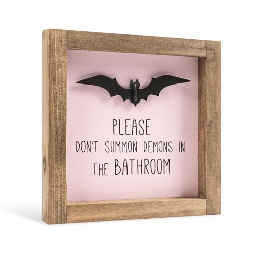 Pink Halloween Bathroom Sign with Bat Wall Decor - Restroom Shelf Sign, Humorous Witty Gothic Decor, Quirky Gift