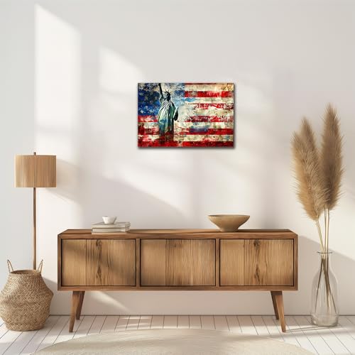 American Wall Art Canvas Prints - Vintage USA Flag & Lady Liberty 18x24 Inch - Variation: USA Flag23