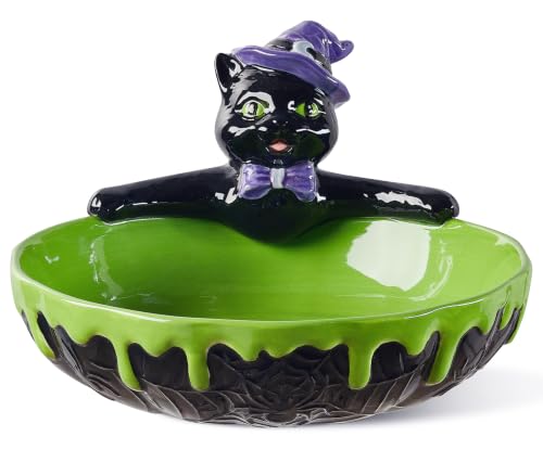 Halloween Cauldron Candy Bowl - Ceramic Black Cat, Purple Black Variation, 8 Inch