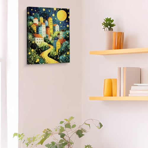 Moonlit Village Canvas Wall Art - Whimsical Landscape, 8x10 Inches, Variation 16