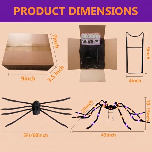1 Pack 8 Modes Light-Up Halloween Giant Spider - 5 Ft with Purple & Orange Lights, Outdoor Yard Decor
