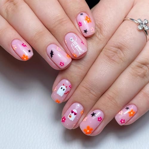 Halloween Pink Floral Ghost Square Press On Nails - Variation of THIS Listing