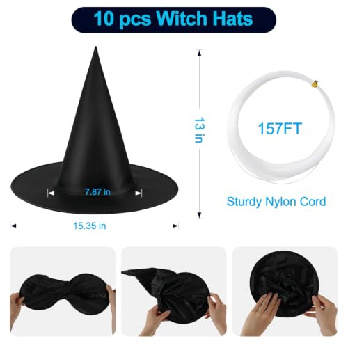 10 Pack Halloween Witch Hats for Decoration - Lightweight Black Wizard Hats