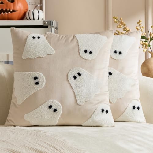 Halloween Pillow Covers 16x16 Inch Set of 2 Embroidered Ghost Decor Beige