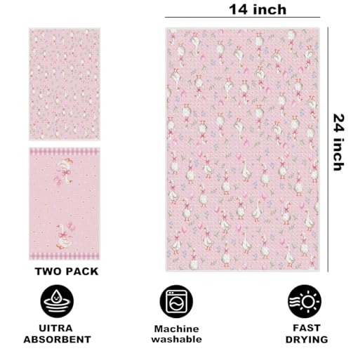 2 Pcs Pink Bow Goose Kitchen Towels - Cute Floral Dish Hand Towels - Multi 1546