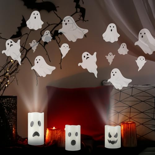 Halloween Ghost Projector Candles Set - Flameless LED Party Decor - 3 Pieces - Ghost Variation