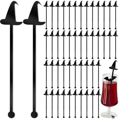 48 Pack Witch Hat Cocktail Stir Sticks - Black Plastic Drink Mixers, Party Supplies