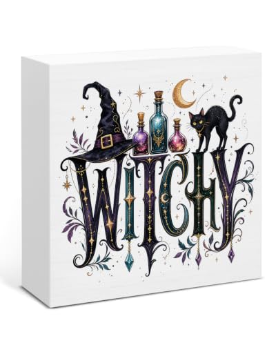 Gothic Wood Box Sign - Black Cat Witch Decor for Home & Office