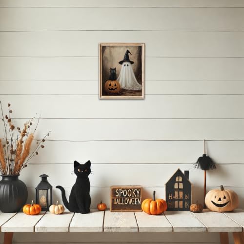 Halloween Ghost and Black Cat Wall Art - 8x10 Inch Canvas Print - Variation: Ghost and Black Cat