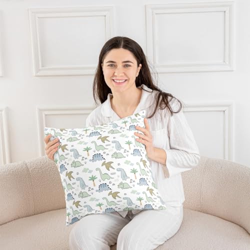 Kids Dinosaur Pillow Cover White 18x18 Inches Pack of 2 - Watercolor Jungle Animals