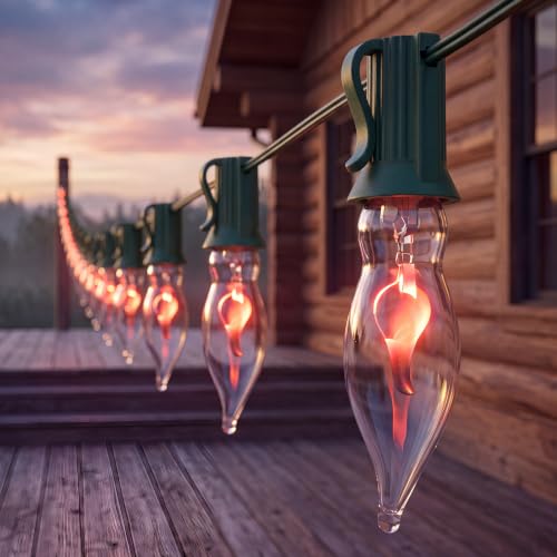C18 Flicker Flame String Lights - 10Ft Outdoor Christmas & Halloween Lights, Green Wire, End-to-End Connectable