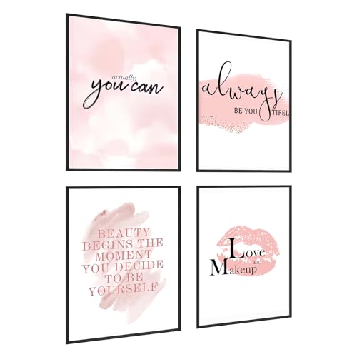 Pink Motivational Wall Art Canvas Set of 4 - Fashion Quote for Girls Room Decor
