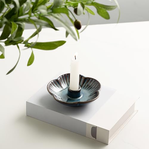 Blue Ceramic Flower Candle Holder - 4.7 Inch Tabletop Tray for Home Decor