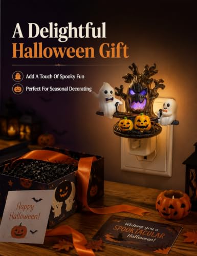 Ghost Tree Night Light - Halloween Spooky Tree & Ghost Plug-In Nightlight - Purple LED Decor
