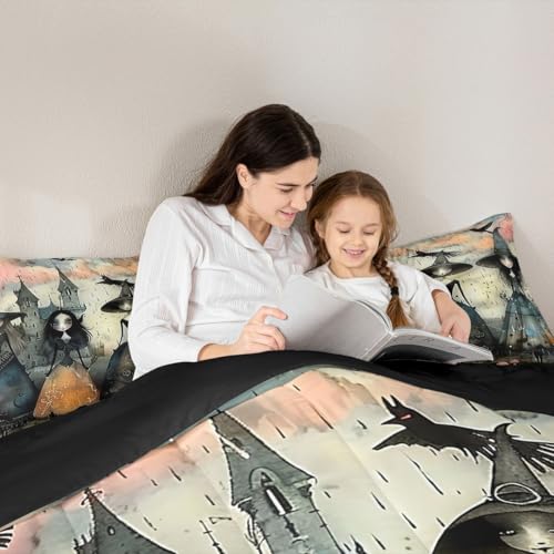 Gothic Witch Comforter Set Black & Grey Full Size Bedding with Spooky Design - Enchantress Halloween Decor