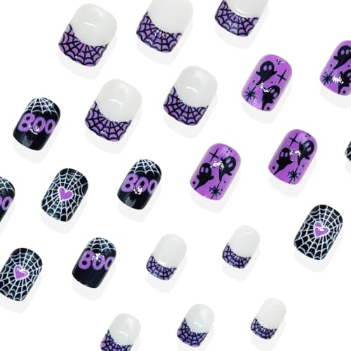 Halloween Short Square Press-On Nails Set with Ghost & Web Designs - Style 2