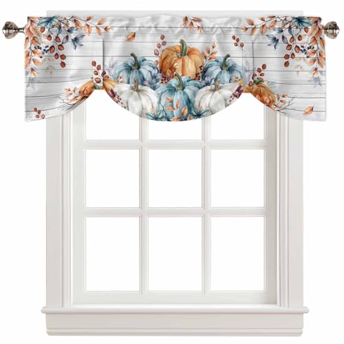 54x18 Inch Orange Blue Pumpkin Fall Kitchen Valance Set Window Treatments - Tie Up Wooden Rod Pocket Curtains for Home and Living Room - Thanksgiving Leaves