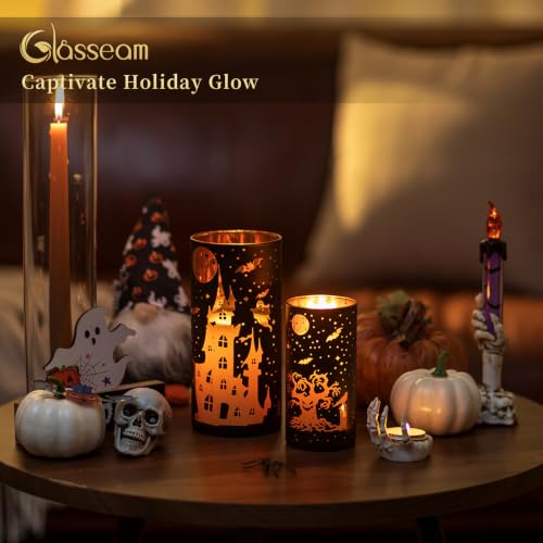 Halloween Candle Holders Set - Black Gold Glitter Pillar Decor, 2 Pcs