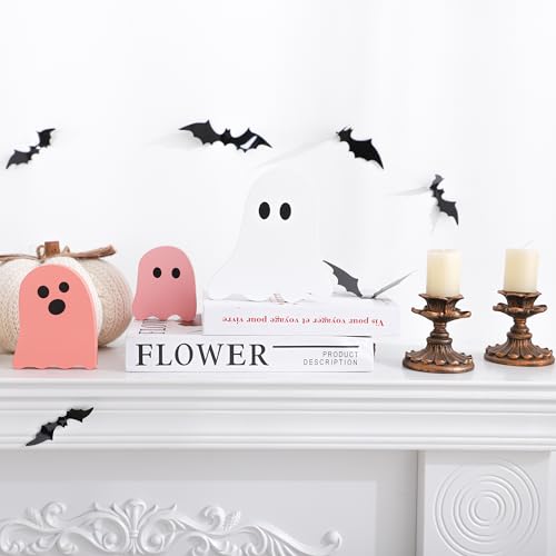Pink and White Wooden Ghost Decorations - Halloween Table Centerpieces Set of 3