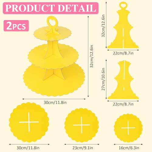 3-Tier Cupcake Stand 2 Pack Dessert Tower with Yellow Round Trays for Parties
