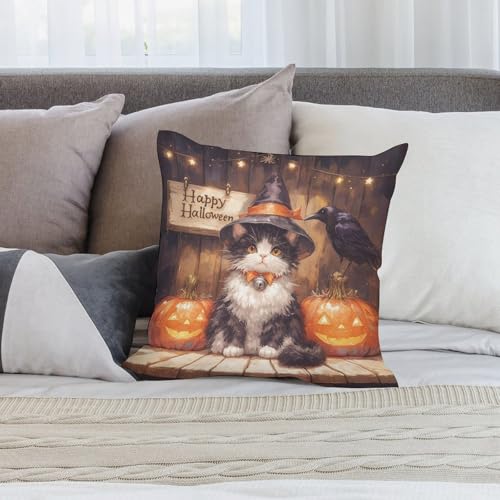 Fall Cartoon Kitten Pumpkin Halloween Throw Pillow Covers Set 20x20 - Pack of 4