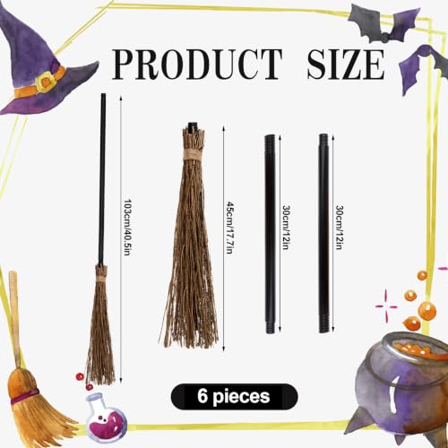 6 Pack Halloween Witch Brooms - Plastic & Branch Decor Props for Porch & Costume