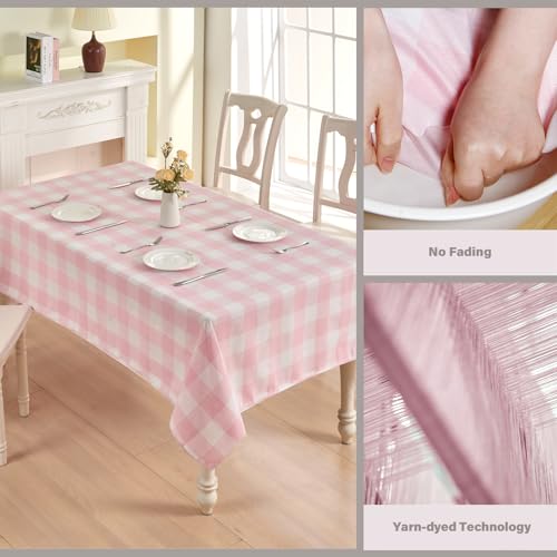Pink Gingham Waterproof Rectangle Tablecloth 95x55 Inch Cotton Blend for Indoor Outdoor Dining