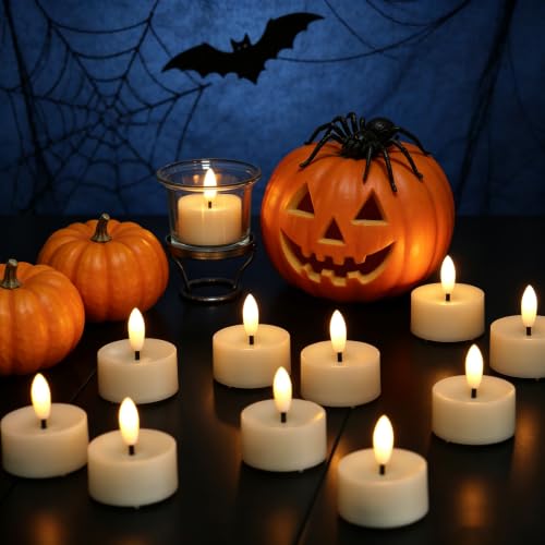 12 Pack Flameless LED Tea Lights with Black Wick, Battery Operated, Warm White