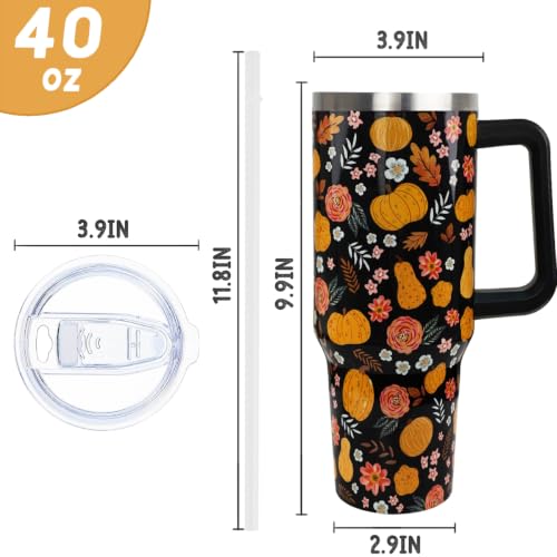Fall Black Pumpkin Flower 40oz Tumbler with Handle - Halloween Decor Gift