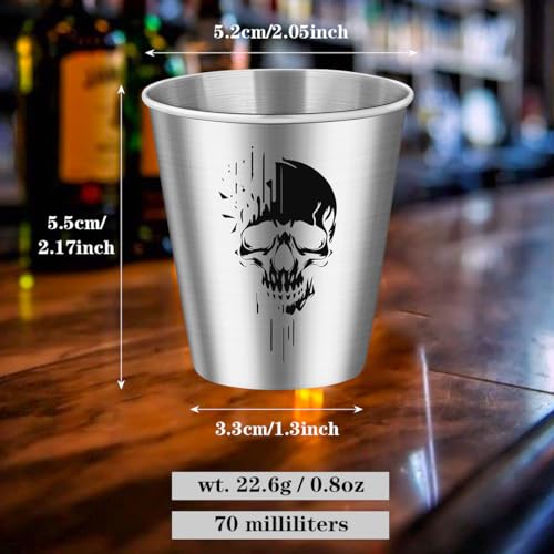 Silver Stainless Steel Shot Glasses with Skull Design - Set of 4, 70 ml, Gift Box, Gothic Party Drinkware