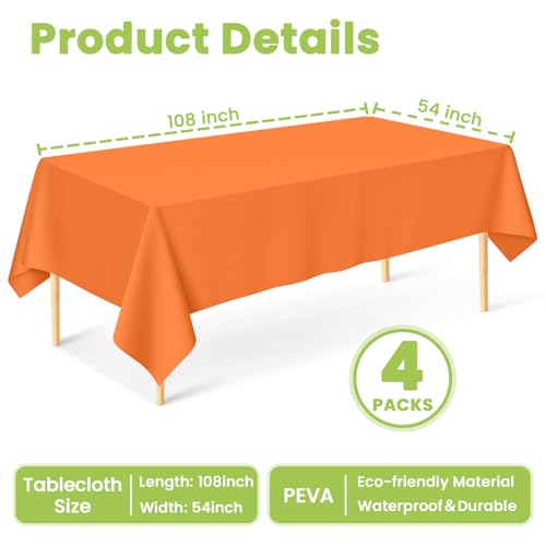 Orange Disposable Plastic Table Cloth Set - 4 Pack 54 x 108 Inches - Rectangle, Party Table Cover