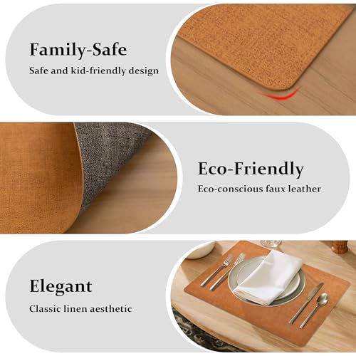 Faux Leather Placemats Set of 8 - Reversible Orange & Grey, 11.8 x 17 Inches - Kid Safe & Waterproof