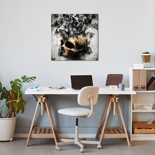 Grey Skull Wall Art with Butterfly - Gothic Room Decor 24x24 Inch Frame