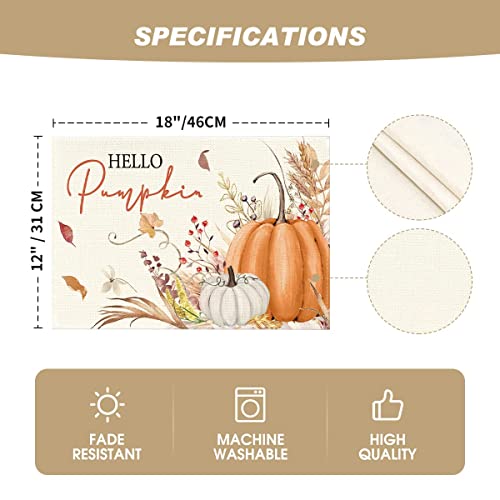 Hello Pumpkin Fall Placemats Set of 4 - 12 x 18 Inch Rectangular Table Decor