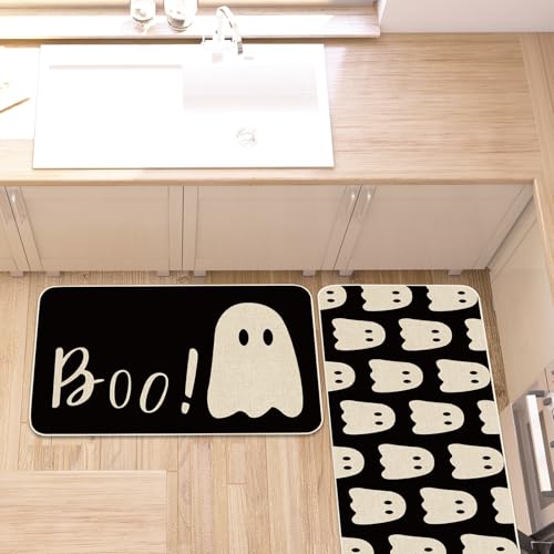 Halloween Ghost Kitchen Rugs Set of 2 Non-Slip Floor Mats - Spooky Black Boo Decor