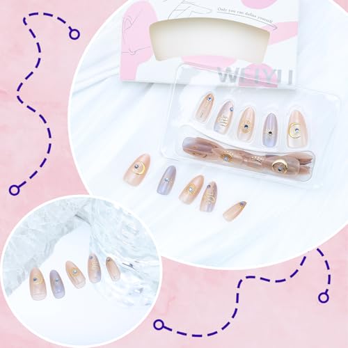Star Moon Press On Nails - 30Pcs Medium Almond Fake Nails with Rhinestones & Variation 6
