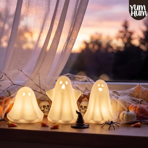 3-Pack Ceramic Ghost Halloween Decorations with Warm Amber LED Glow - Indoor Spooky Decor