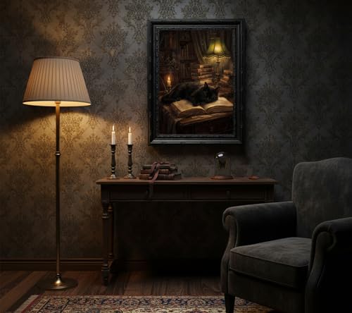 Dark Academia Cat Wall Art - Framed Vintage Gothic Canvas Print, 16x12in - Moody Black Cat Sleeping on Book