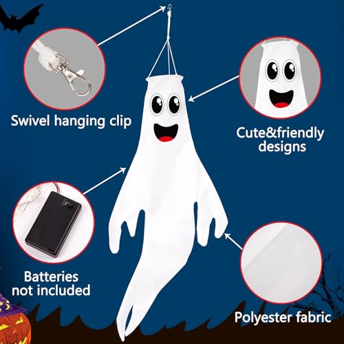 Warm Light Halloween Ghost Windsocks Set - 4 Cute 43 Inch Outdoor Decorations