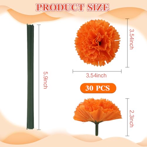 Artificial Marigold Flowers Set - 30pcs Silk Flowers with Stems for Decor & DIY Crafts - Orange, 30pcs