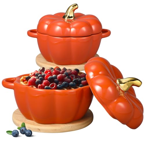 Set of 2 Ceramic Pumpkin Bowls with Lids and Insulation Pads - Orange, 15 oz Fall Decor